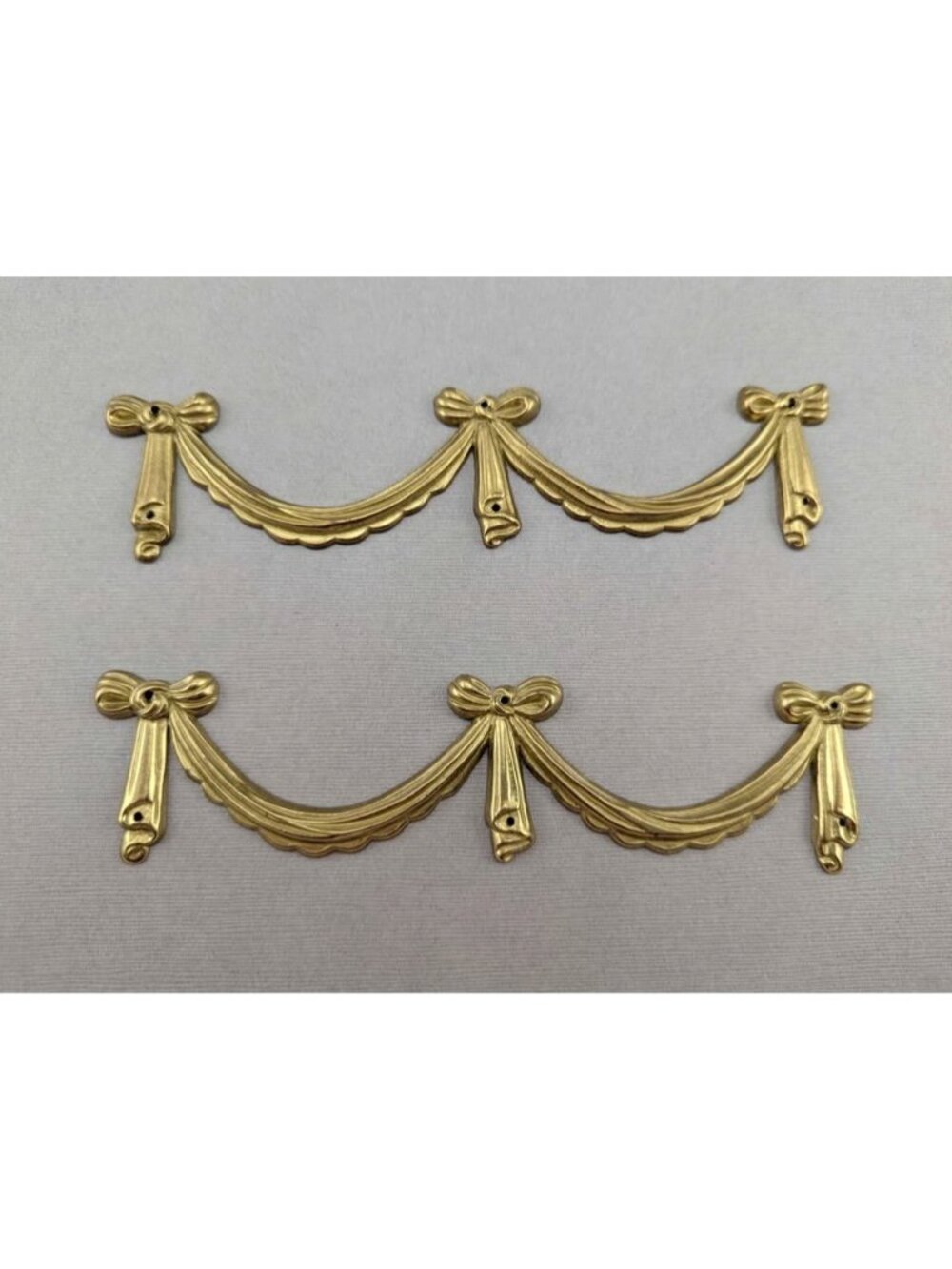 Vintage Solid Brass Bow Ribbon Swag Furniture Applique 2pc
